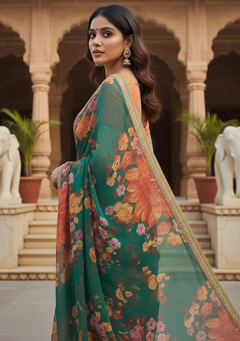 Green Embroidered Organza Saree Set - Indya