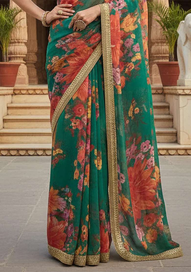 Green Embroidered Organza Saree Set for Diwali and Festive Wear - Indya