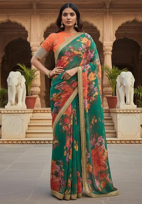 Green Embroidered Organza Saree Set