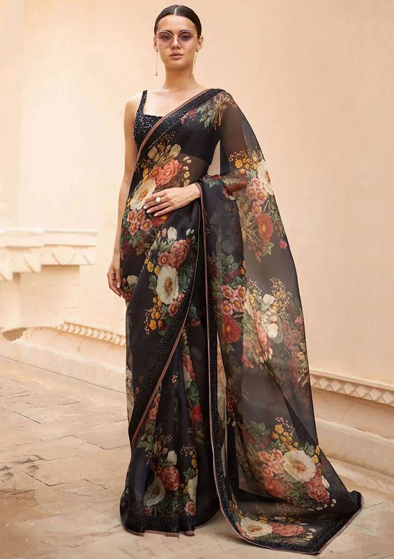 Black Embroidered Organza Saree Set - Indya