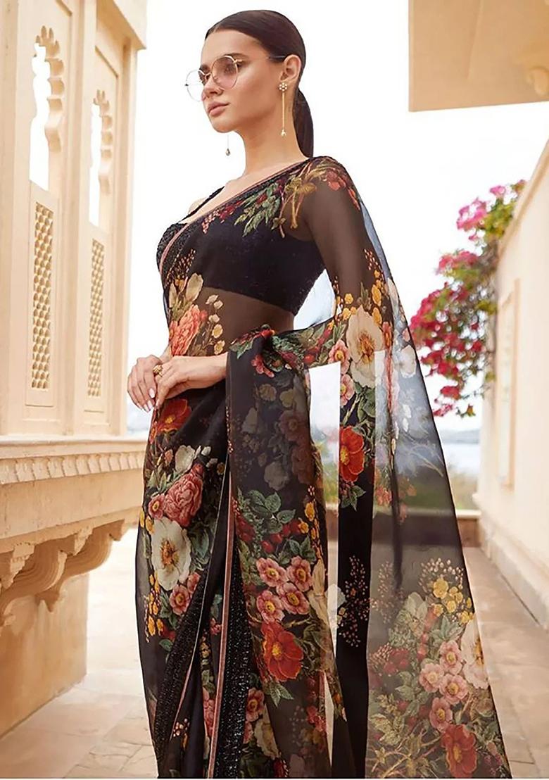 Black Embroidered Organza Saree Set - Indya