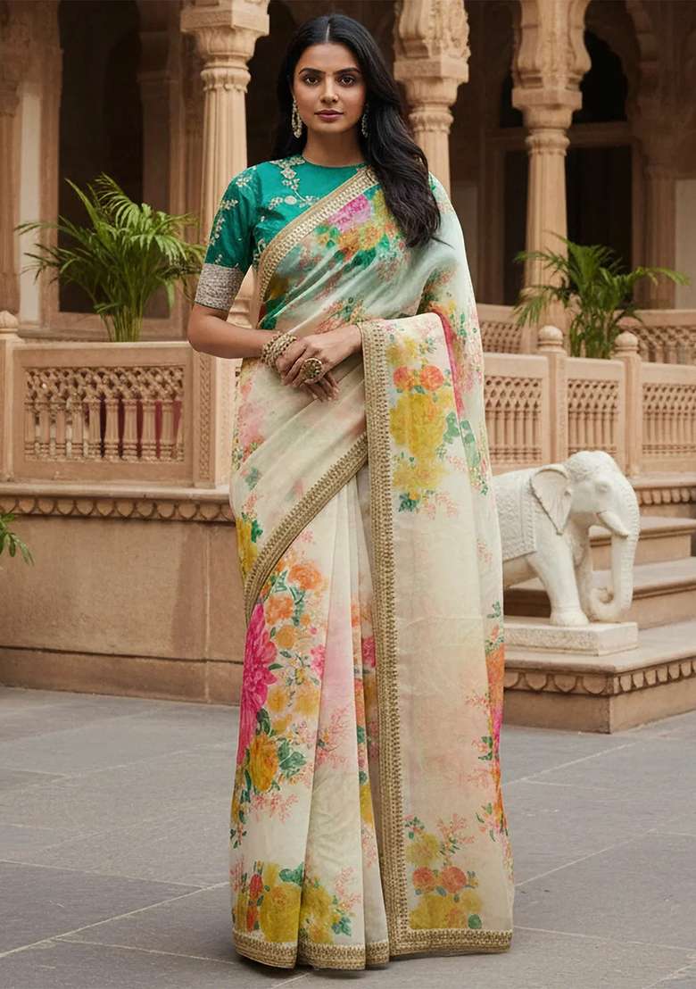 Off White Embroidered Organza Saree Set - Indya