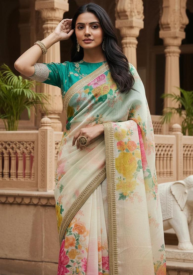 Off White Embroidered Organza Saree Set - Indya