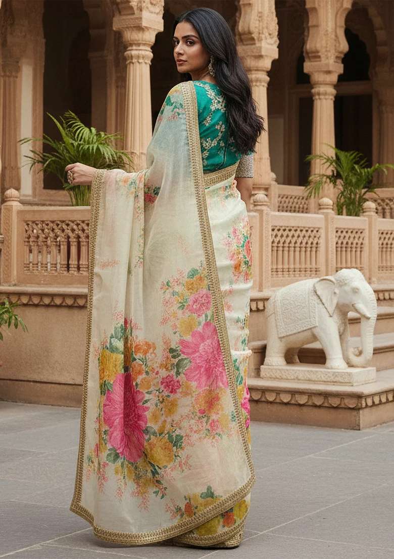 Off White Embroidered Organza Saree Set - Indya