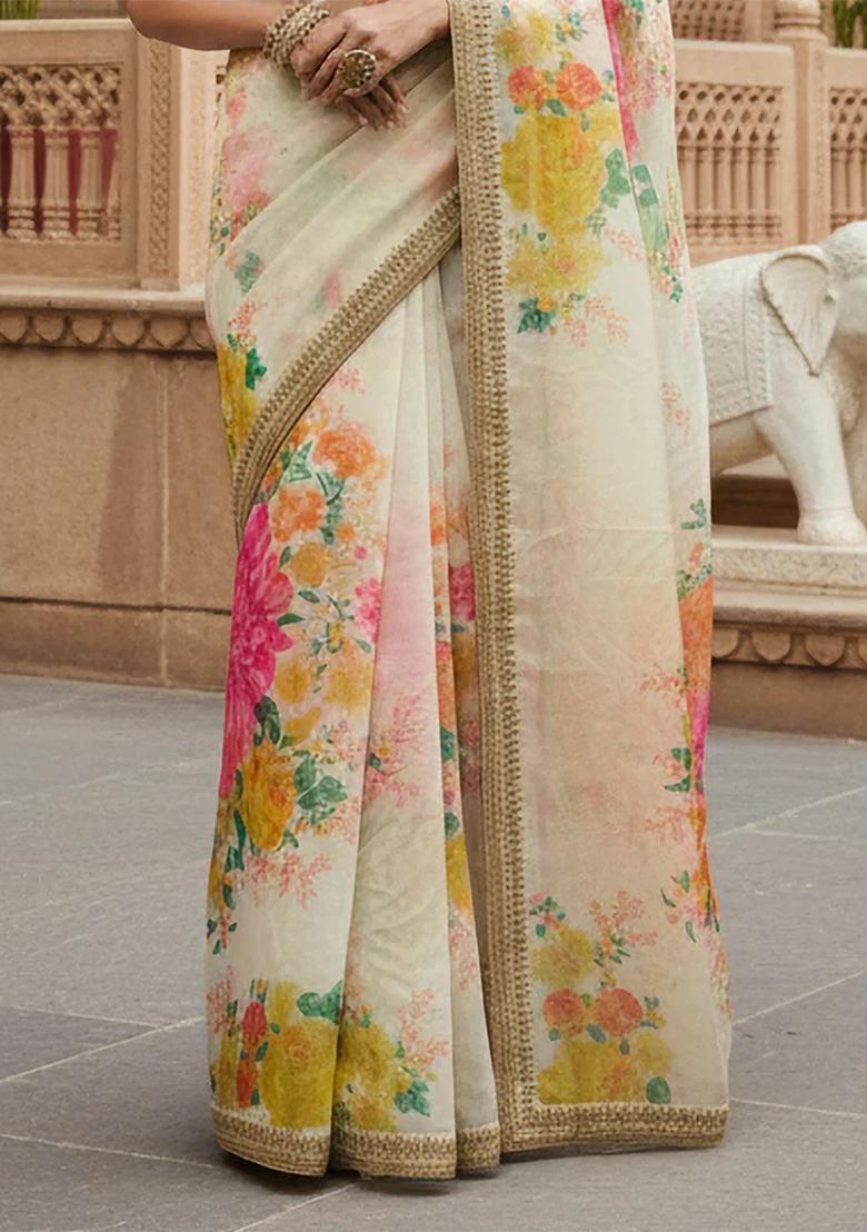 Off White Embroidered Organza Saree Set - Indya