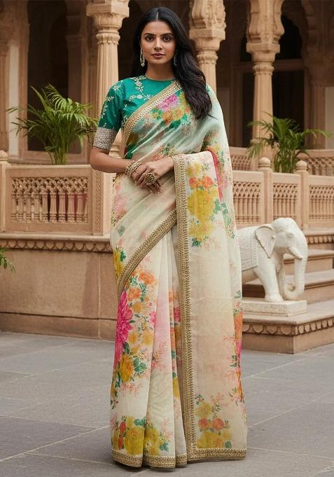 Off White Embroidered Organza Saree Set