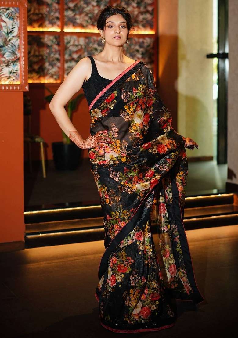 Black Embroidered Organza Saree Set - Indya