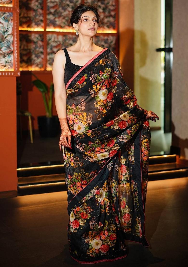 Black Embroidered Organza Saree Set - Indya