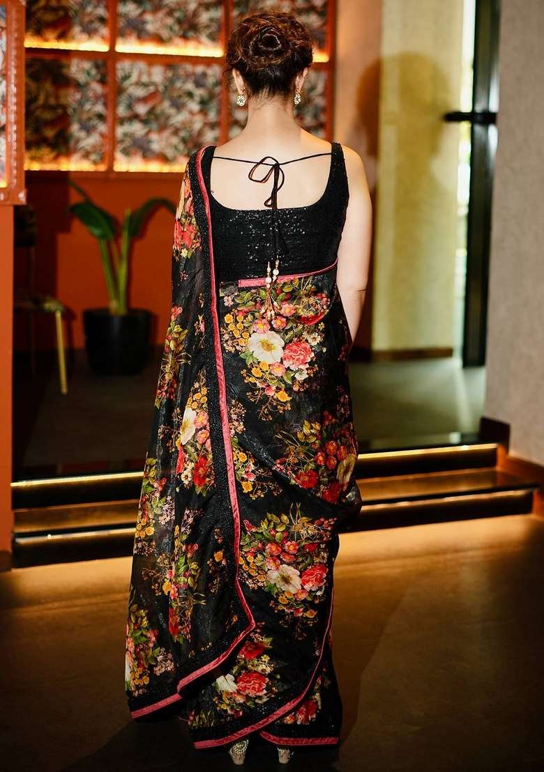 Black Embroidered Organza Saree Set - Indya