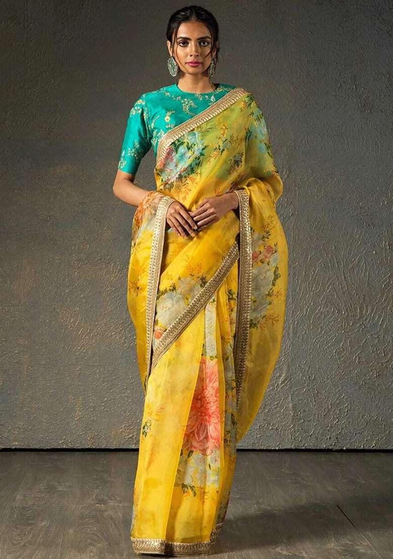 Yellow Embroidered Organza Saree Set for Diwali and Festive Wear - Indya