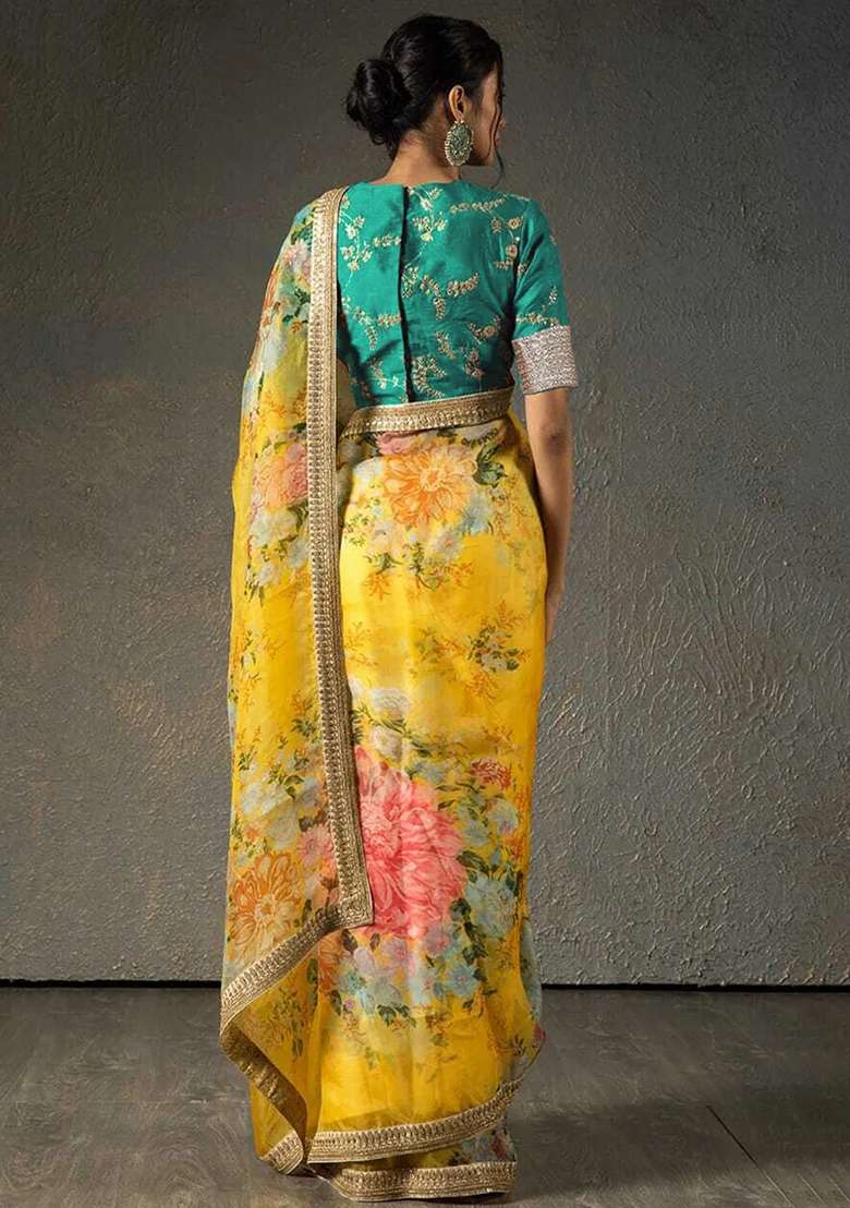 Yellow Embroidered Organza Saree Set for Diwali and Festive Wear - Indya