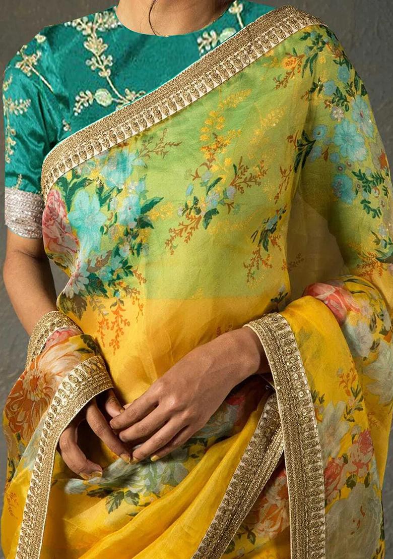 Yellow Embroidered Organza Saree Set - Indya