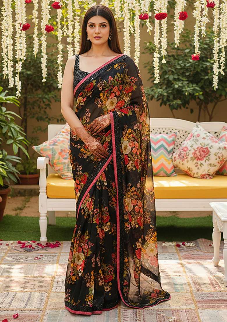 Black Embroidered Organza Saree Set - Indya