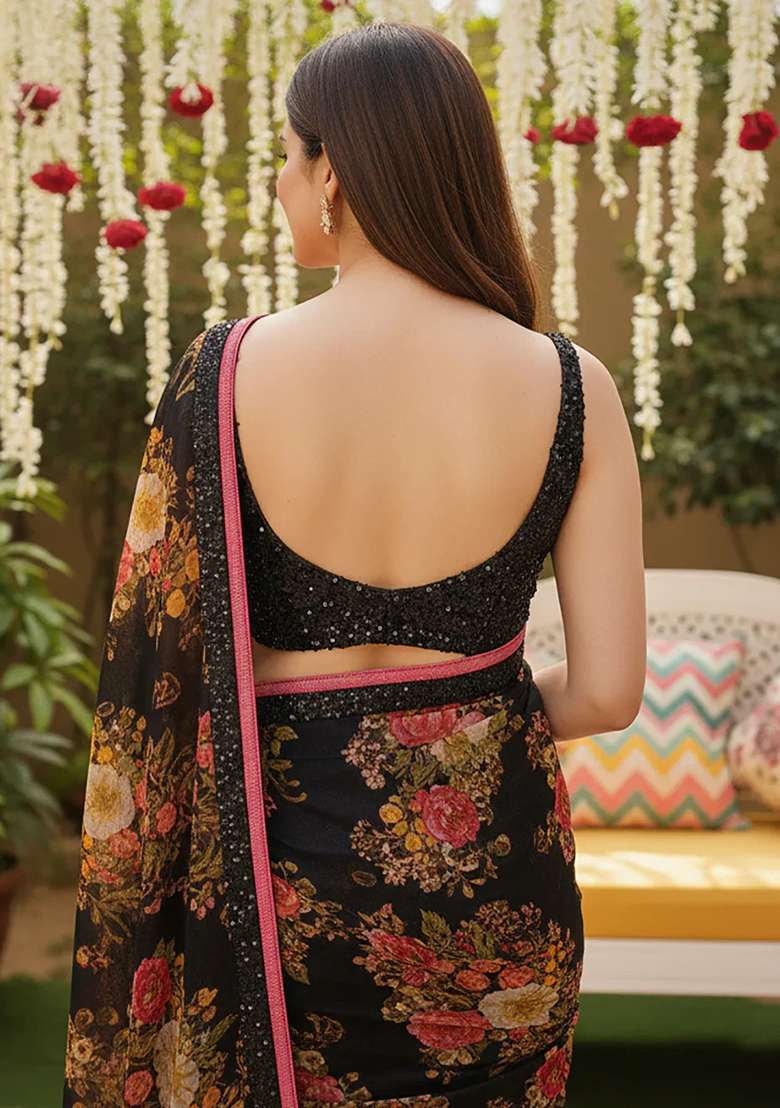 Black Embroidered Organza Saree Set - Indya