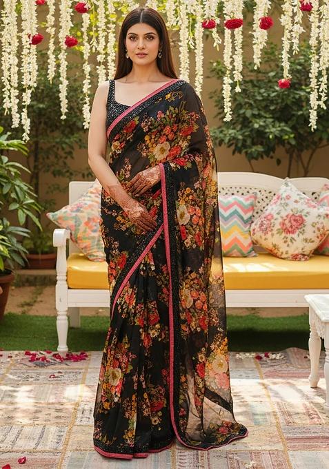 Black Embroidered Organza Saree Set