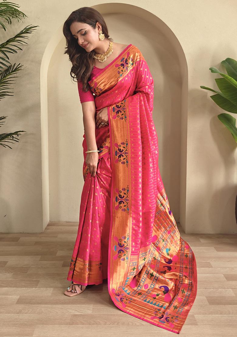 Pink Weaving Silk Saree Set - Indya