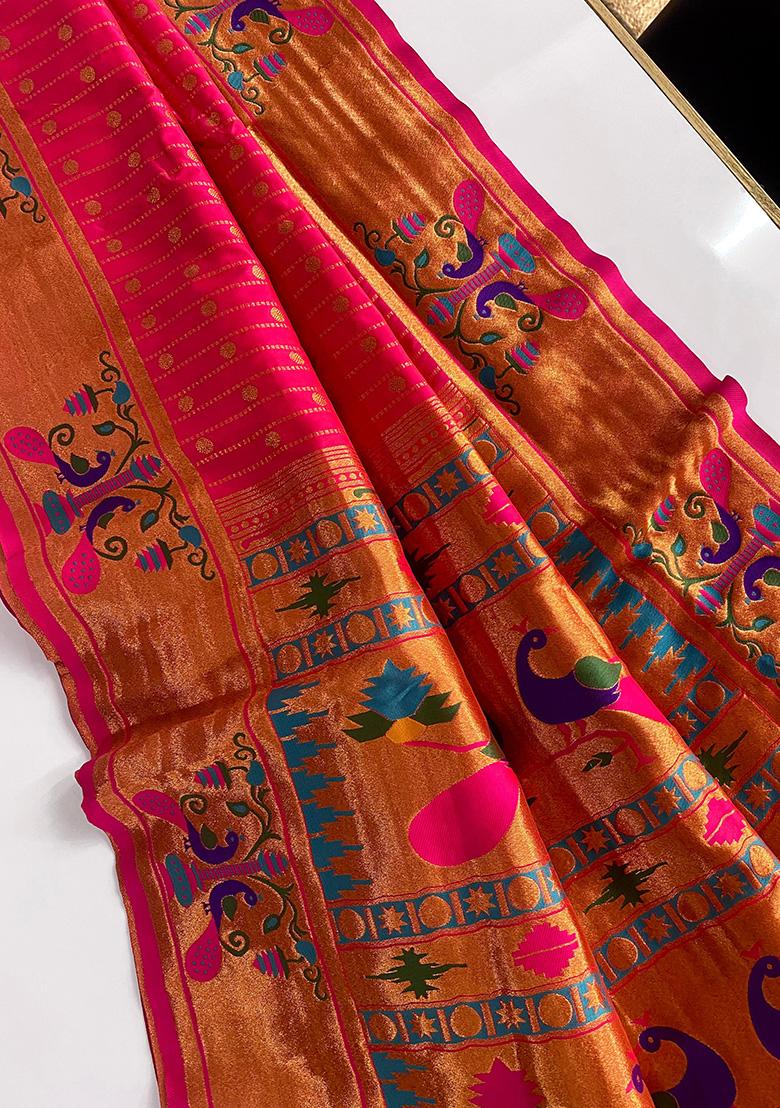 Pink Weaving Silk Saree Set - Indya
