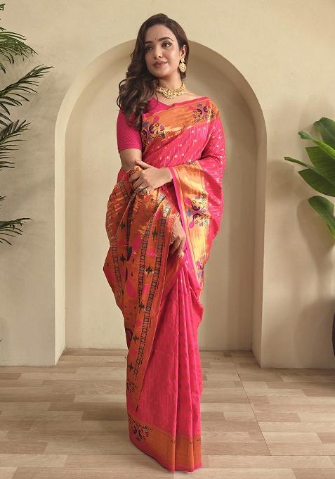Pink Weaving Silk Saree Set