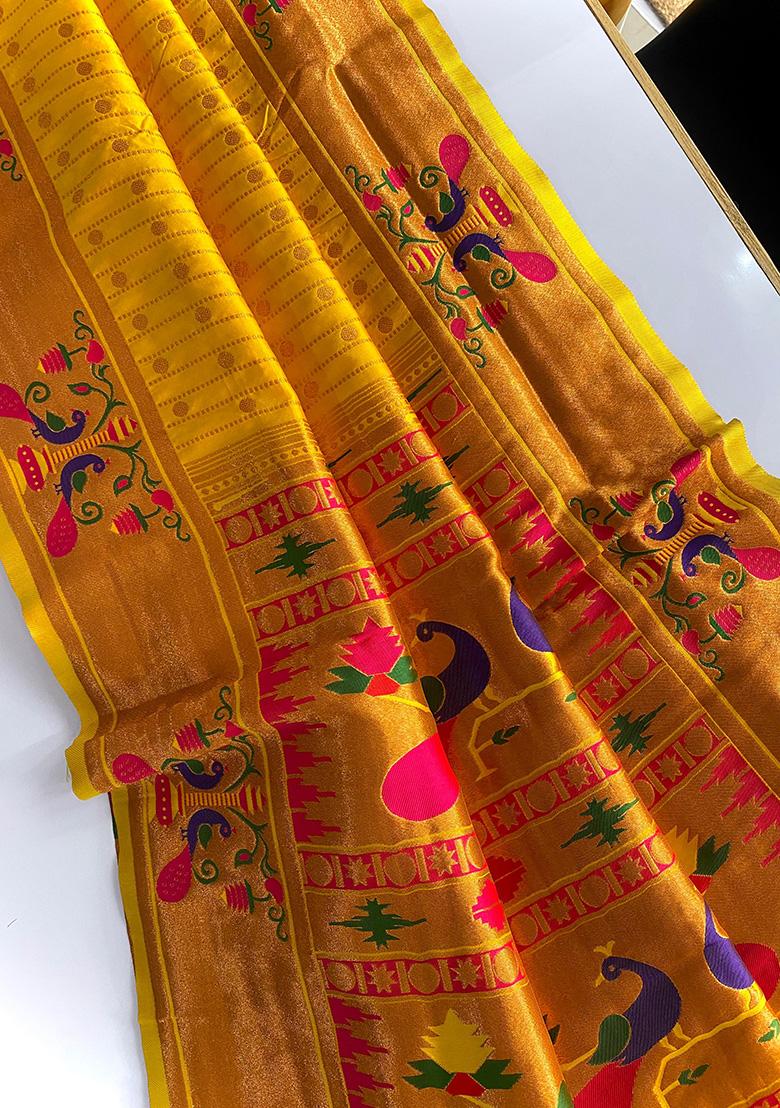 Yellow Weaving Silk Saree Set - Indya