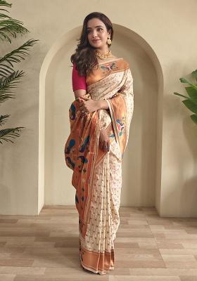 White Weaving Silk Saree Set