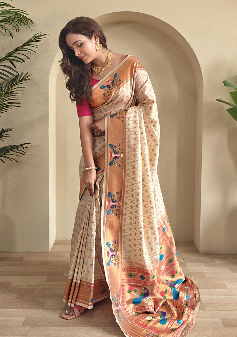 White Weaving Silk Saree Set - Indya