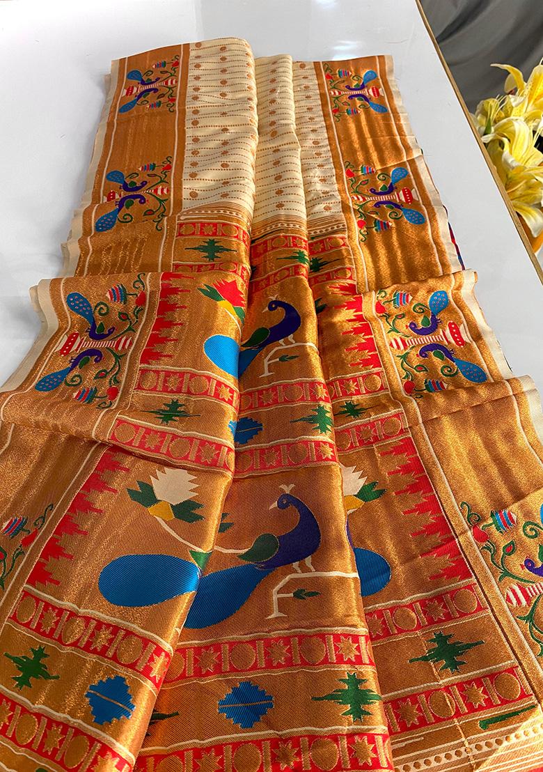 White Weaving Silk Saree Set - Indya