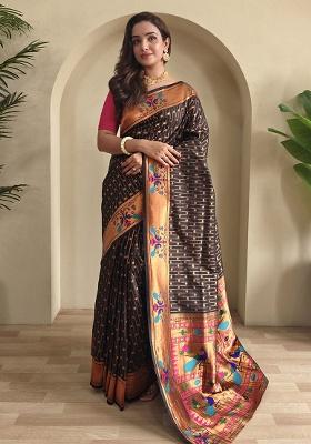 Black Weaving Silk Saree Set