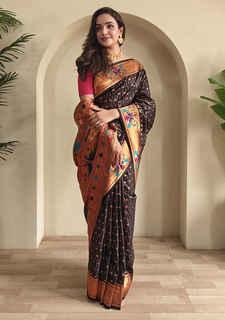 Black Weaving Silk Saree Set - Indya