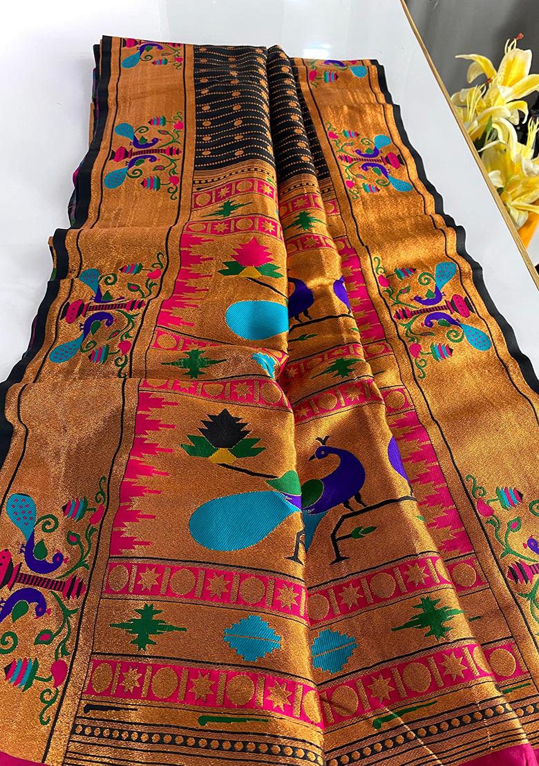 Black Weaving Silk Saree Set - Indya