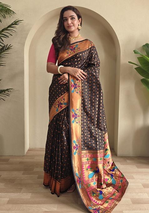 Black Weaving Silk Saree Set