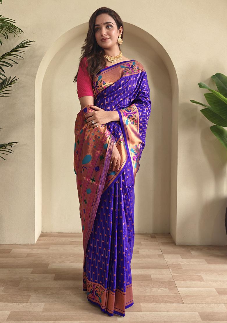 Violet Weaving Silk Saree Set - Indya