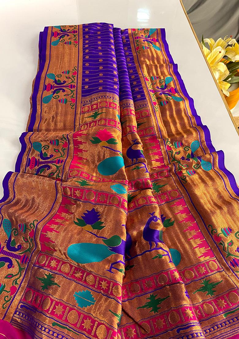 Violet Weaving Silk Saree Set - Indya