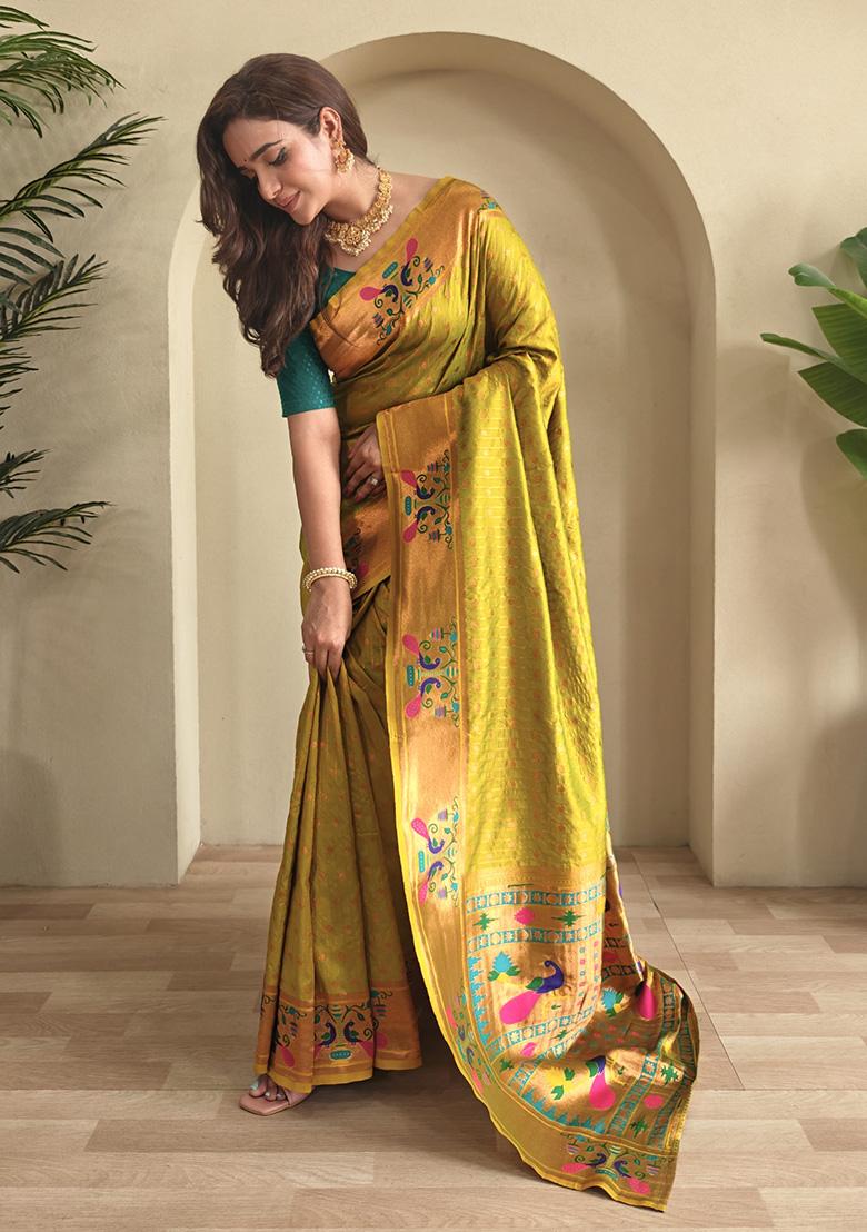 Lemon Yellow Weaving Silk Saree Set - Indya