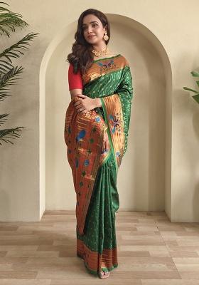 Green Weaving Silk Saree Set