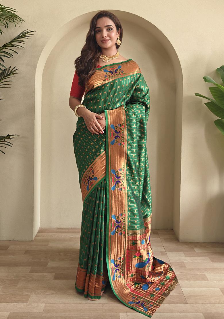 Green Weaving Silk Saree Set - Indya