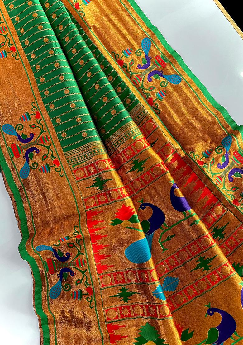 Green Weaving Silk Saree Set - Indya