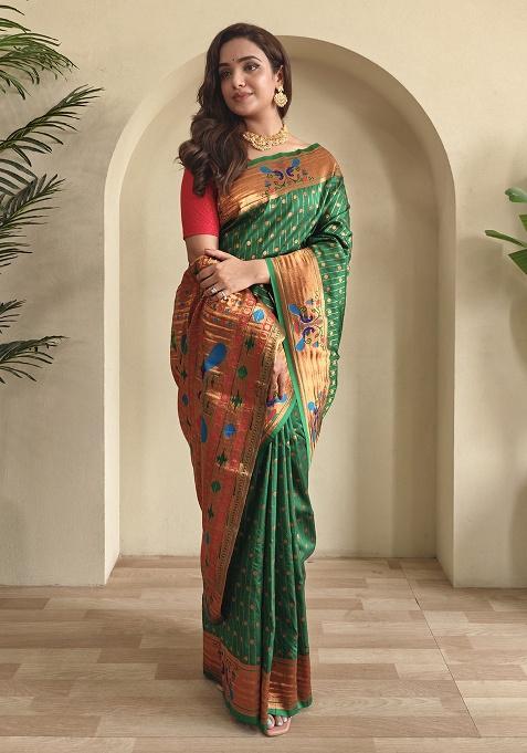 Green Weaving Silk Saree Set