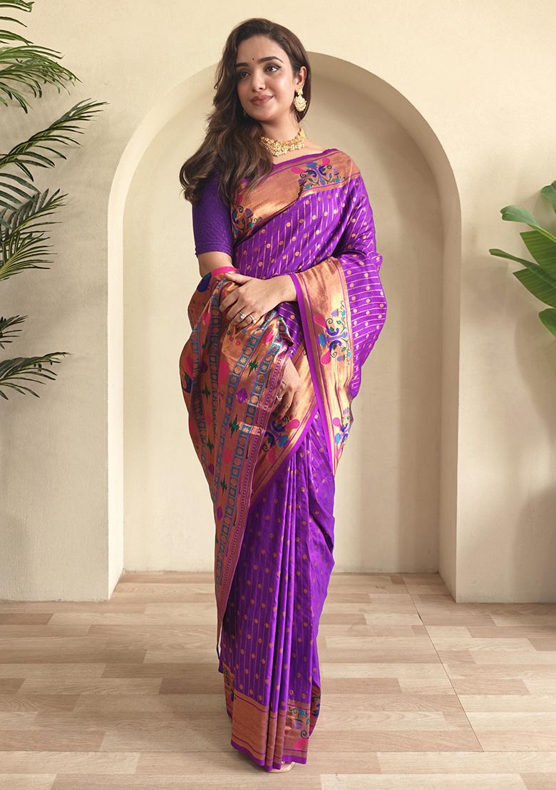 Purple Weaving Silk Saree Set - Indya