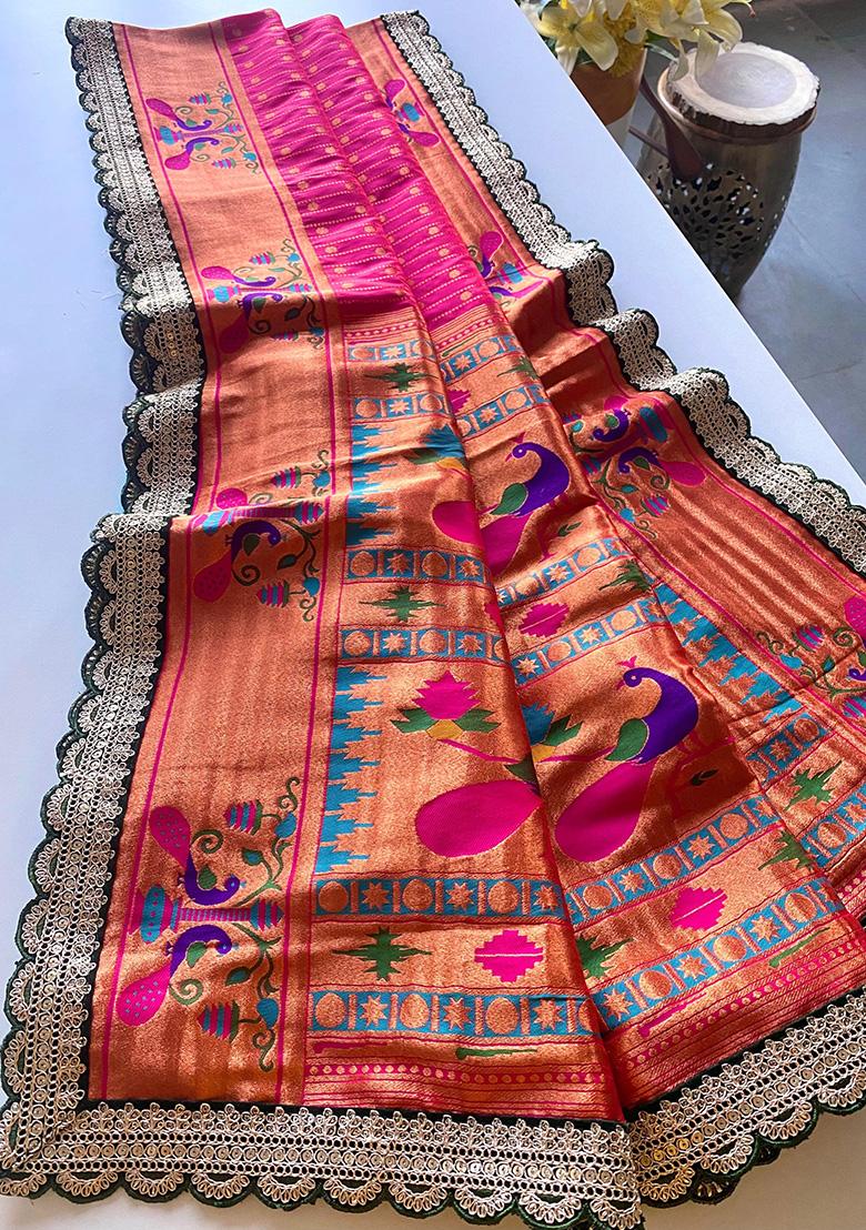 Pink Weaving Silk Saree Set - Indya