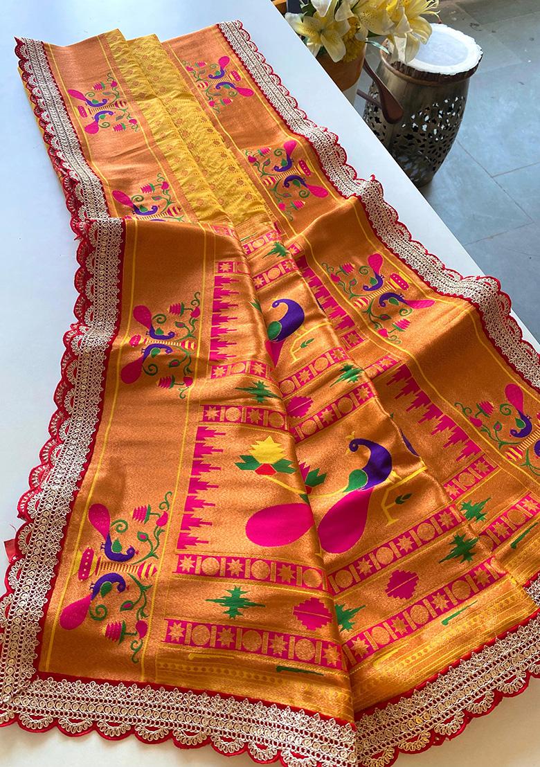 Yellow Weaving Silk Saree Set - Indya