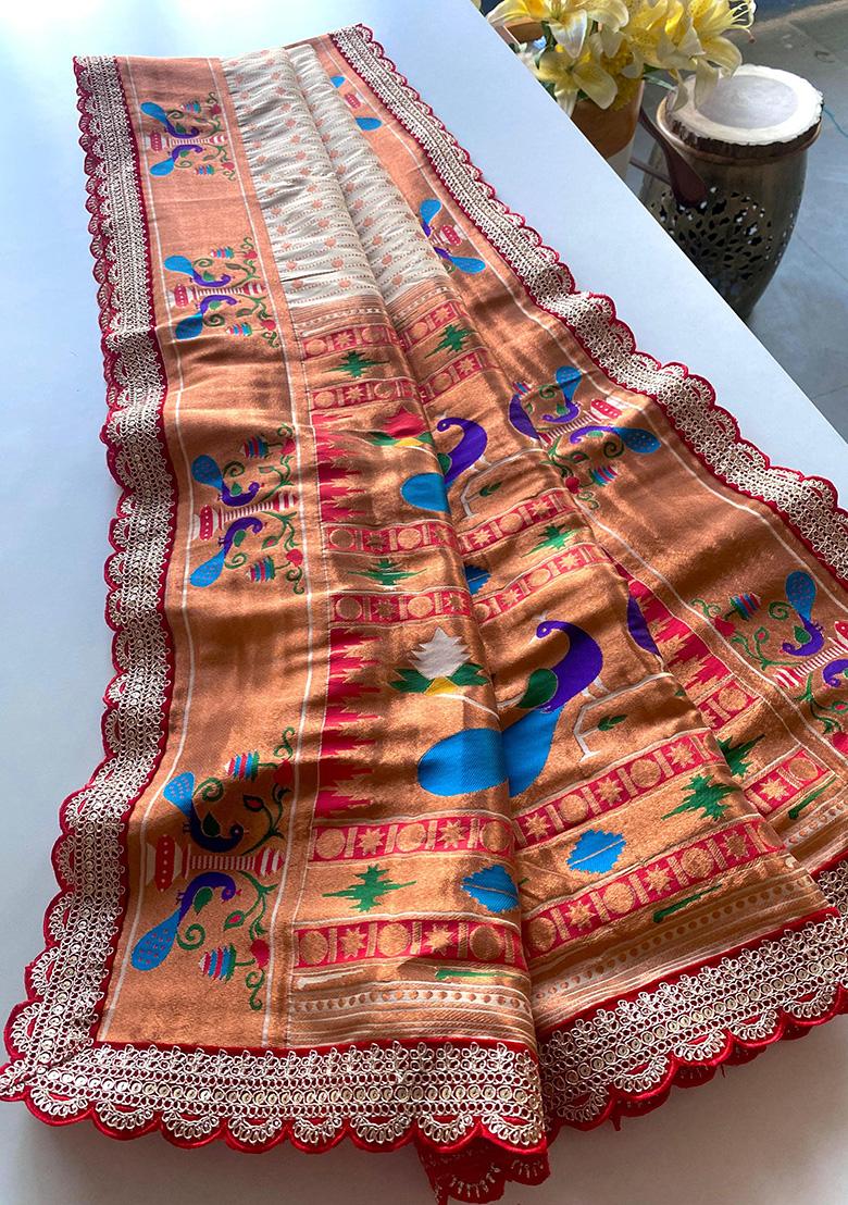 White Weaving Silk Saree Set - Indya