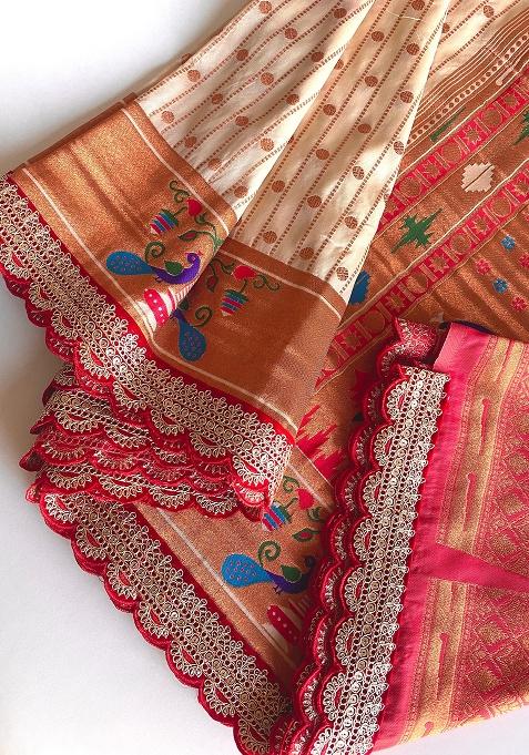 White Weaving Silk Saree Set