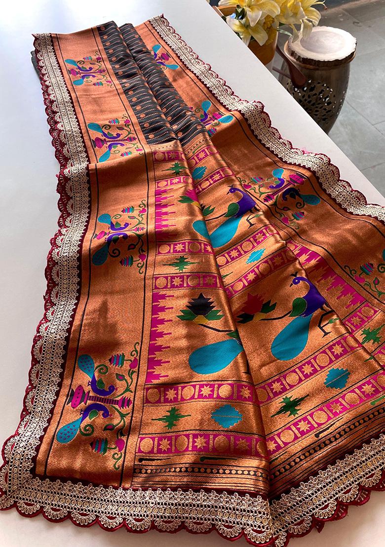 Black Weaving Silk Saree Set - Indya