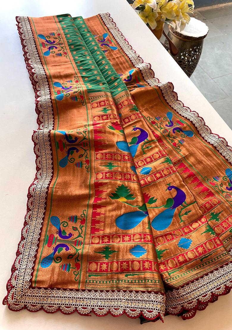 Green Weaving Silk Saree Set - Indya