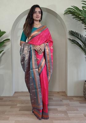 Pink Weaving Silk Saree Set