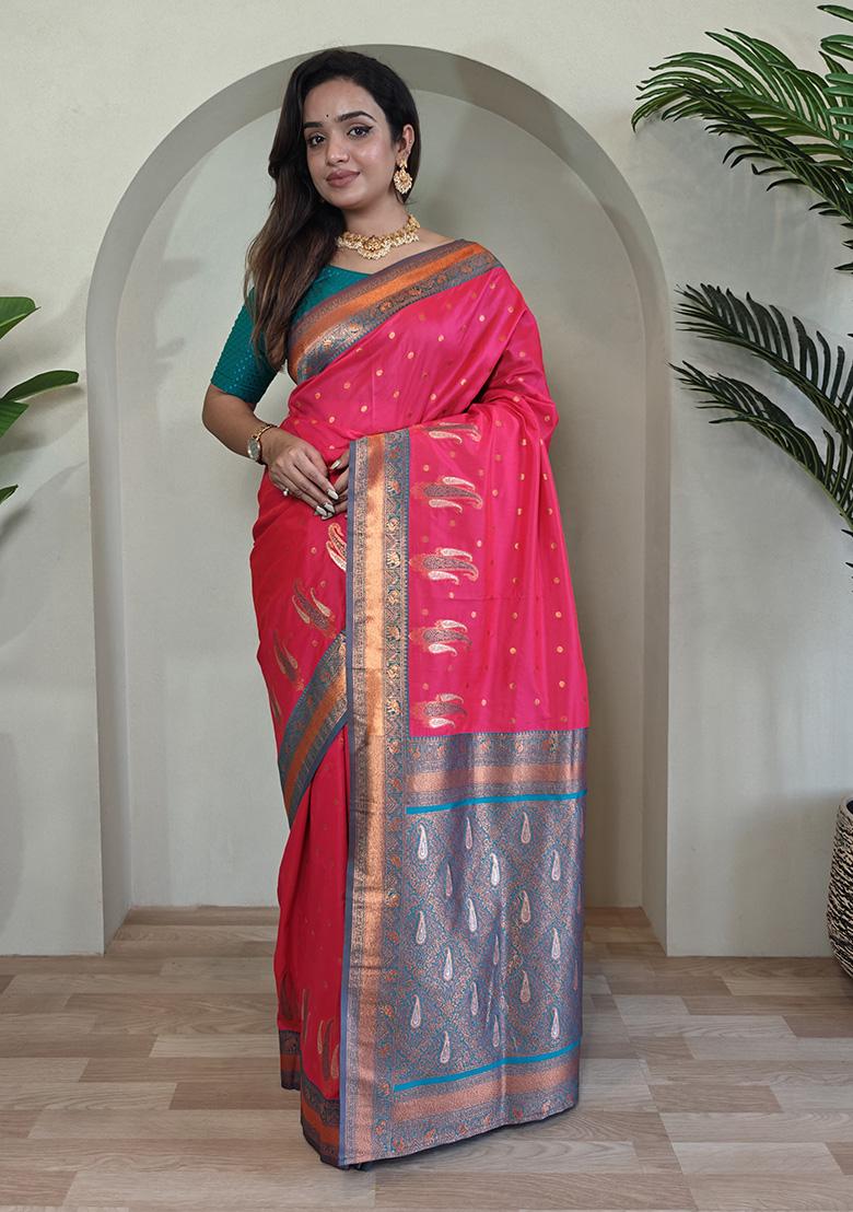 Pink Weaving Silk Saree Set - Indya