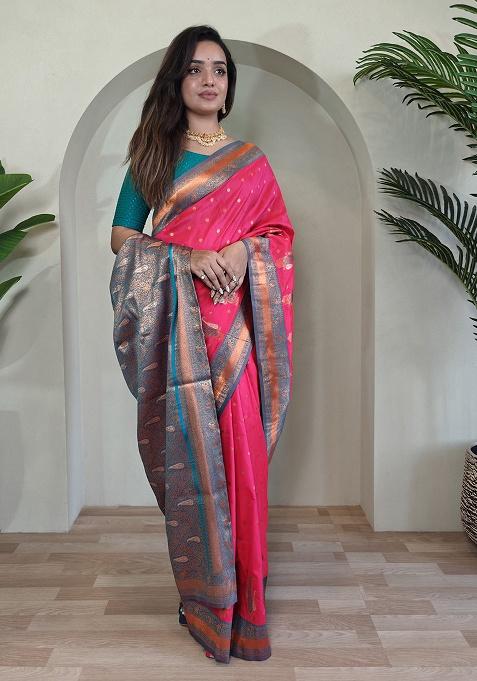 Pink Weaving Silk Saree Set