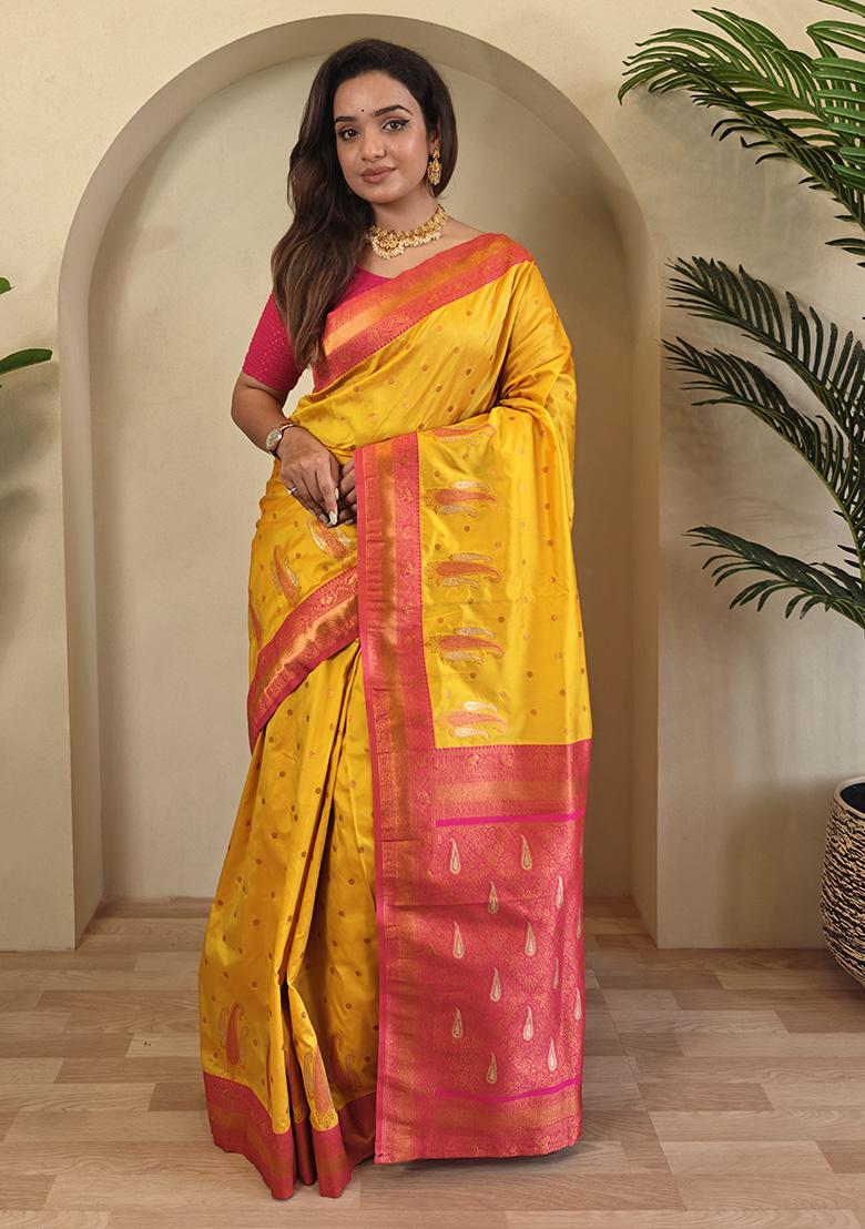 Yellow Weaving Silk Saree Set - Indya