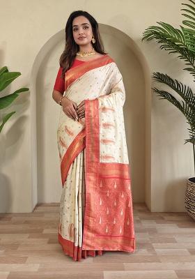White Weaving Silk Saree Set