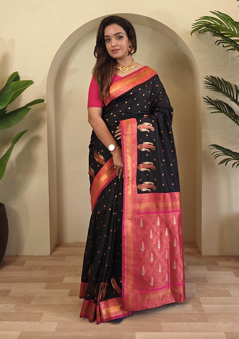 Black Weaving Silk Saree Set - Indya
